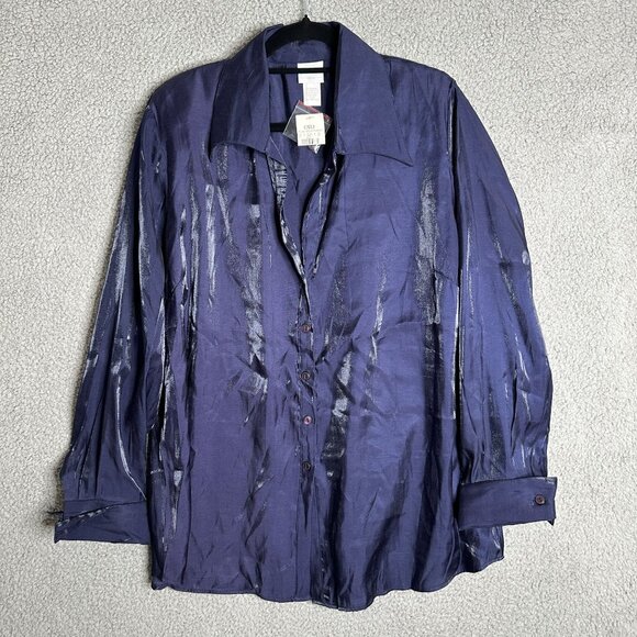 Cato Plus Blue Shimmer Blouse NWT Long Sleeve Button Up Shoulder Pads Retro Glam - Picture 1 of 9